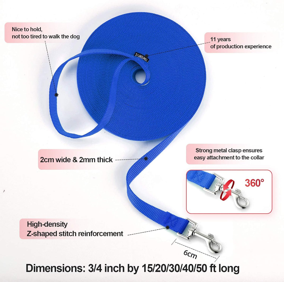 Dog/Puppy Obedience Recall Training Agility Lead - 15ft 20ft 30ft 40ft 50ft Training Leash - Great for Play, Camping, or Backyard - Blue 20ft