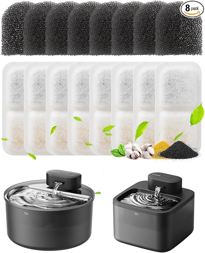 oneisall 8 Replacement Filters for Cat Water Fountain PW13 PW14, 4 Months Set of Replacement Filters for Ultra Quiet Pet Water Fountain, White 8 Count (Pack of 1)