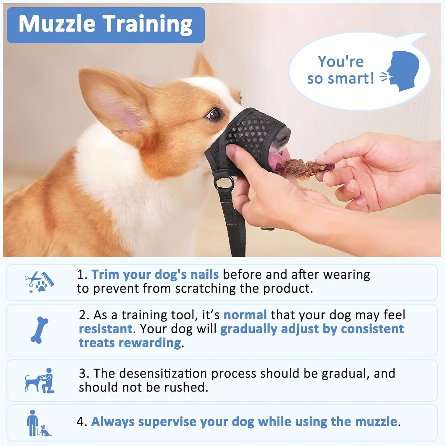LUCKYPAW Soft Muzzle for Medium Large Sized Dogs Beagle Labrador German Shepherds, Dog Muzzle to Prevent Biting Chewing, Adjustable Breathable Mouth Guard for Grooming Walking Training(Blue, XL)