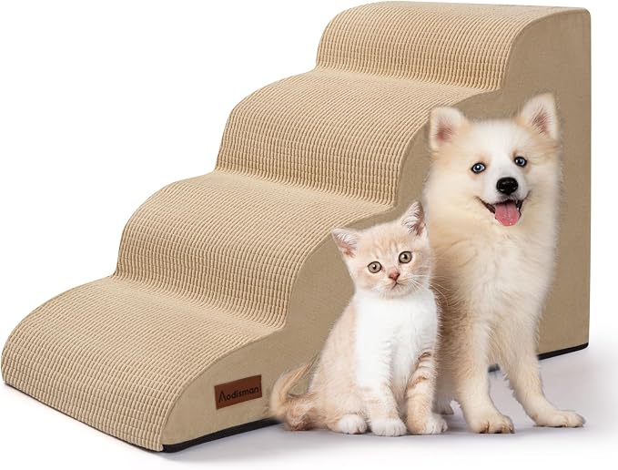 Aodisman Dog Steps for Bed or Couch,4-Step Pet Stairs Ramp for Small Dogs | 17.4" H Indoor Non-Slip Dog Stairs Help Senior Dogs,Short-Legged Breeds,Puppies and Cats to Reach Beds and Chairs,Grey,Khaki