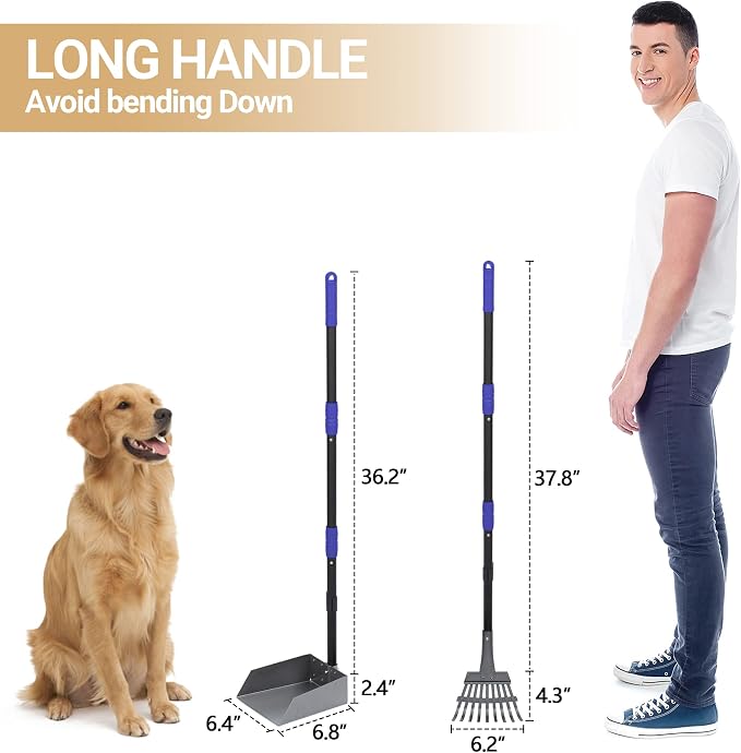 Dog Pooper Scooper, Dog Poop Tray and Rake Set with Long Stainless Handles | Pet Waste Removal Scoop with Adjustable Sectional Handles