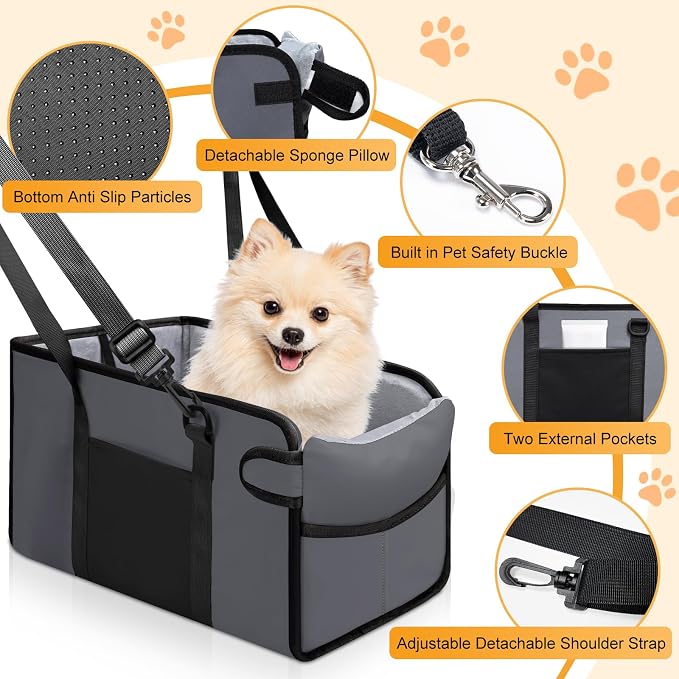 Portable Dog Car Seat for Small Dogs, Puppy Car Seat, Grey | Booster Seat With Safety Leash & Adjustable Straps Keeps Small Dogs Secure. Removable Washable Cushion. Fits Most Cars.