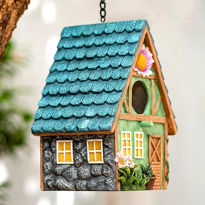 Bird Houses for Outside Cottage-Style Hanging Birdhouse with Flower Accents – Hand-Painted Resin Decorative Birdhouses for Outdoors for Bluebird Finches Cardinals Bird Nesting Garden, Patio, Yard