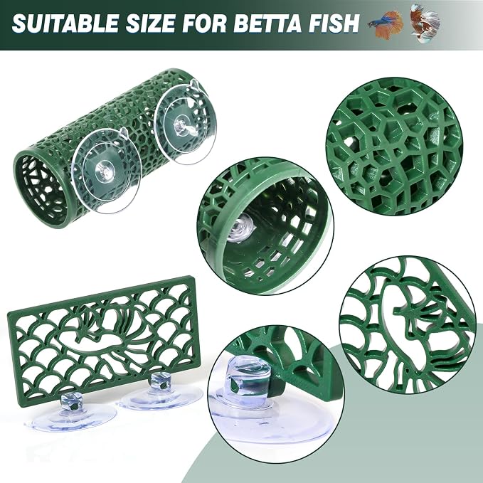 Abizoo Betta Fish Tunnel Hideout and Hammock Bed Aquarium Decor Dark Green | Hollow Cave Design, Moss-Friendly Textured Surface, Small Coral Hole, Safe for Shrimp, Guppy, Neon Tetra, Snails, Dwarf Frog