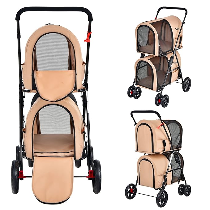 PETSITE Double Dog Stroller, Foldable Pet Stroller for 2 Dogs & Cats Small Medium Sized with Detachable Carrier on Wheels, Ideal for Car Seat Walking Camping Travel