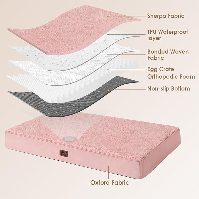 EHEYCIGA Orthopedic Dog Bed Large with Removable Washable Cover, 50IN Pink | Egg Crate Foam Support, Durable Oxford fabric, Non-Slip Bottom, Machine Washable, Soft Waterproof Plush Pet Bed Mat For Crate