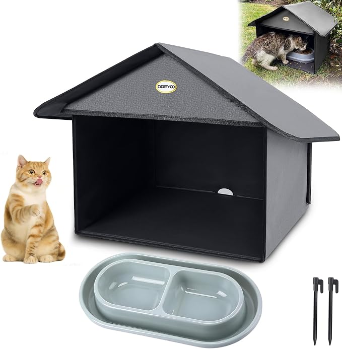 Weatherproof Outdoor Cat Feeding Station with 2 Bowls 32oz | Waterproof 3-layer Oxford fabric. Ant-proof bowls with moat. 17x16.5x12.6in. Tool-free assembly in minutes.
