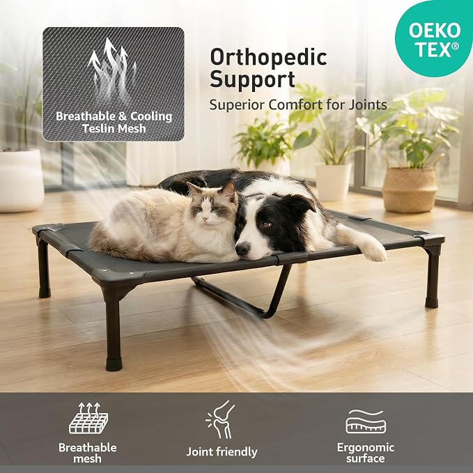 42'' Indestructible Outdoor Elevated Dog Bed for Large Dogs, Chew-Proof Pet Camping Raised Cot with Breathable Mesh - Durable Frame, Cooling Hammock Bed, Non-Slip Feet, Waterproof, Easy Clean