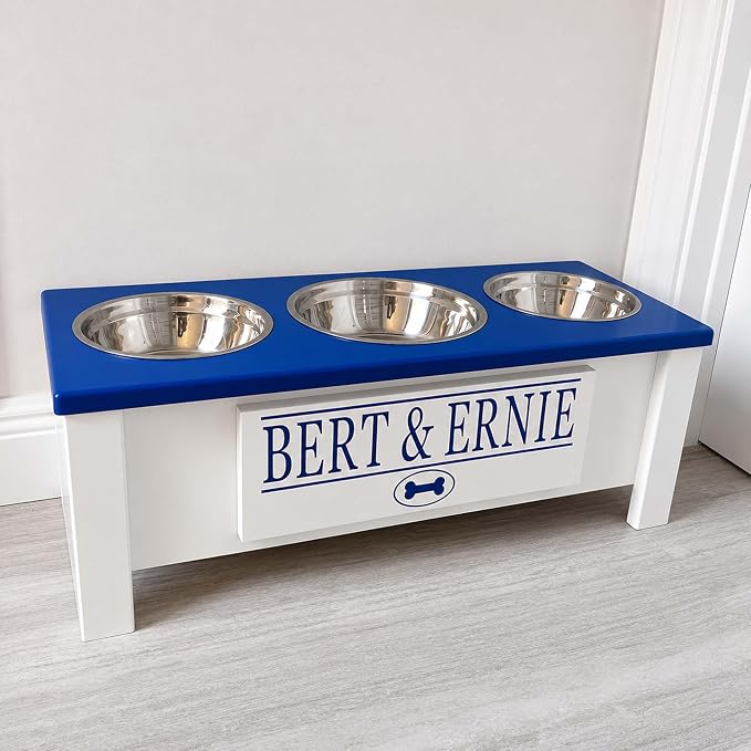 3 Bowl Dog Feeding Station, Personalized Triple Bowl Food Stand Medium Dogs | Farmhouse Style, Elevated Wood Stand, Storage Container, Stainless Steel Bowls, Raised Anti-Slip Feeder, Made in USA
