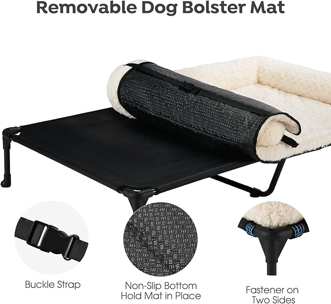 Veehoo Orthopedic Elevated Dog Bed Add Removable Deluxe Rose Plush Bolster Cushion Mat, 53" x 33" Washable Dog Couch Bed, Raised Pet Cot with Breathable Teslin Mesh, No-Slip Feet, White, CWC2439B