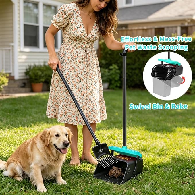 Pooper Scooper, 46" Long Handle Heavy Duty Picker-Upper, Swivel Bin Rake Kit with Bag Attachment, 100 Waste Bags for Small Large Dogs Puppy Poop Trash Litter Cleanup Yard Outdoor Pet Essentials