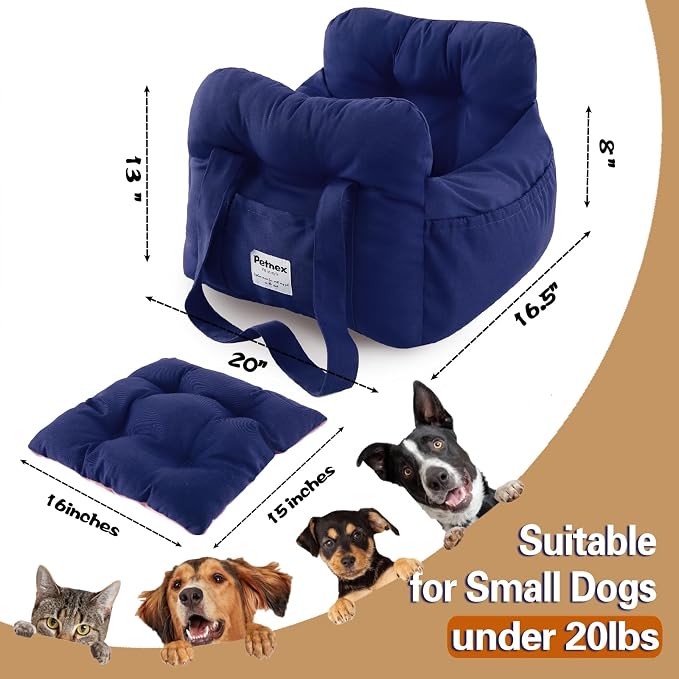 Dog Car Seat for Small Dogs, Portable Puppy Car Seat of Easy Installation, Fashionable Pet Carrier Bag with Large Pockets, Machine Washable Dog Booster Seat (Navy)