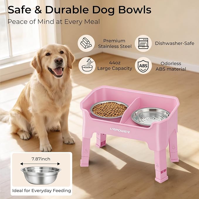 URPOWER Mess Proof Elevated Dog Bowls, Splash Guard Raised Bowl Stand | 4 Adjustable Heights, 2 Stainless Steel Bowls, Food & Water Separation, Foldable Design Non-Slip for Small Medium Large Dogs