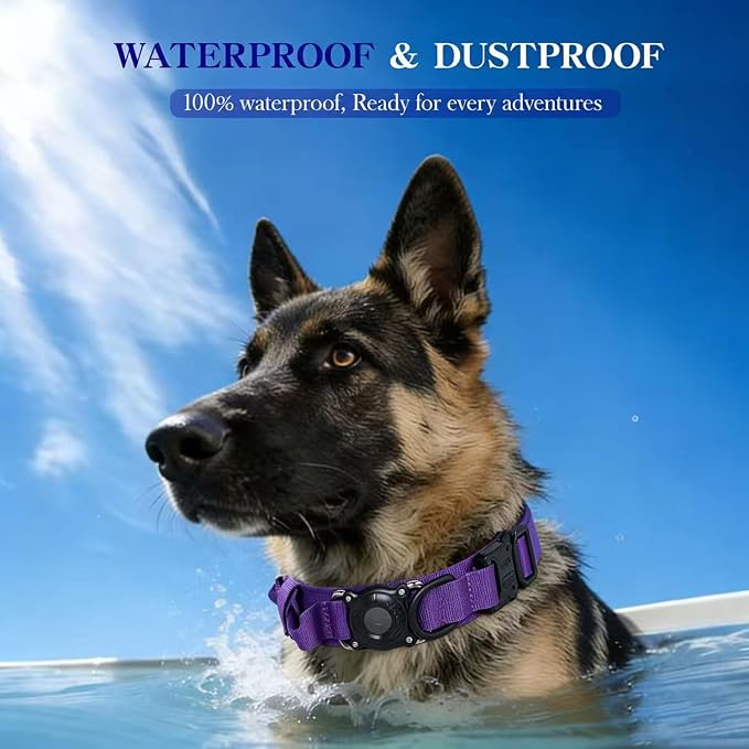 AirTag Dog Collar for Large Dogs Tactical Dog Collar with AirTag Holder | Upgrade Waterproof,Control Handle,Quick-Release Metal Buckle,1000D Nylon Fabric,Soft-Padded Webbing,Velcro Patch(Purple,M)