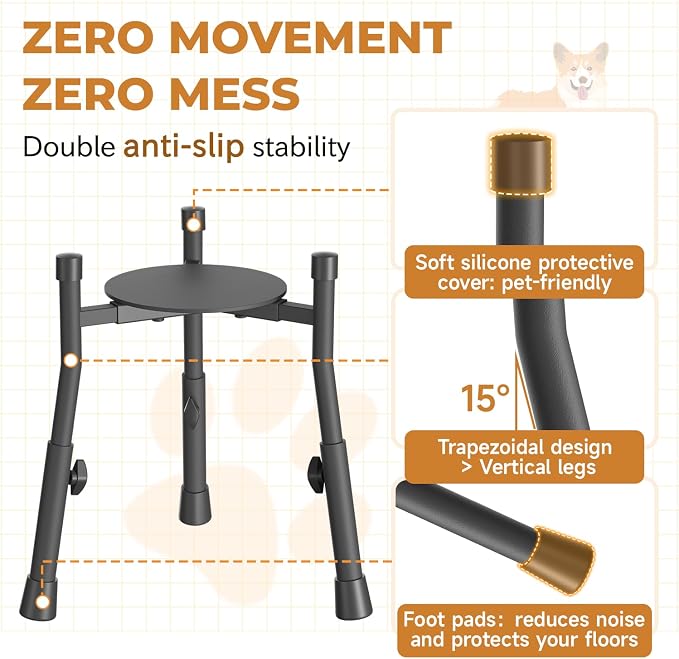 Elevated Dog Bowl Stand for Large Medium Breeds, Extra-Stable Food Feeder | 2 Pack Adjustable Size 4 Heights Width 6-10in, Anti-Tip Metal Raised Water Dish Holder, Non-Slip Tall Single Lifted Riser