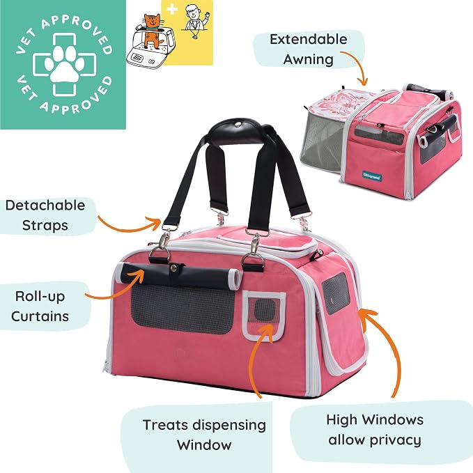 Kittyrama Soft-Sided Airline Approved Cat Carrier with Expandable Hideaway | Escape-Proof SBS Self-Locking Zippers | 22 lb Capacity | Vet Approved | Top & Side Entry | 17×11×11 in