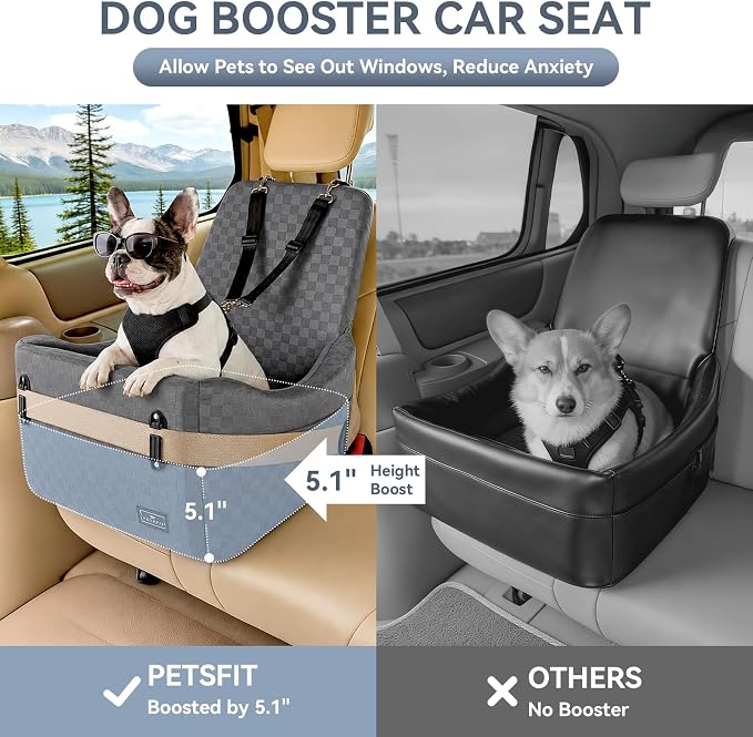 PETSFIT Pet Car Seat with Patented Safety System, 5" Elevated Cushion | Fully Detachable Washable Cover, Memory Foam Dog Booster Car Seat for Small/Medium Dogs Up to 35 Lbs with Safety Belt
