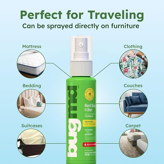 BugMD Bed Bug & Mite Spray - TSA Approved 3.7 oz - Child & Pet Safe, Stain & Odor Free - Lice, Tick, Fly, Mosquito, Flea, Dust Mite Treatment - Travel Essential for Hotels, Suitcases, Backpacks, Shoes