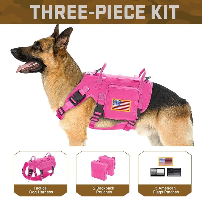 Forestpaw Tactical Dog Harness Pouches and Patches Set,L,Hot Pink | Adjustable Fits 27-40" Chest,70-140 lbs,No Pull Military Style Service Dog Vest for Daily Walking Training,Medium Large Dogs