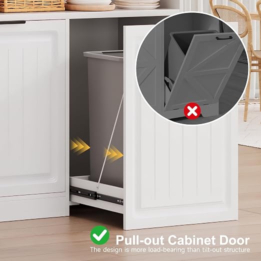 ZIFTY Pull Out Trash Can Cabinet for 13 Gallon Can with Storage, White | Pet Proof, Freestanding Kitchen Island Cabinet, Adjustable Shelf, Garbage Recycling, Modern Farmhouse Waste Bin Furniture