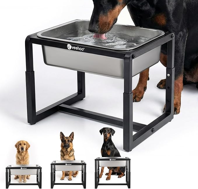 Veehoo 2.4 Gallon Elevated Outdoor Dog Water Bowl for Large Dogs | No Spill Metal Raised Dog Bowls Stand, 3 Adjustable Heights, Relief Joint Pressure, Stainless Steel Bowl, Dishwasher Safe