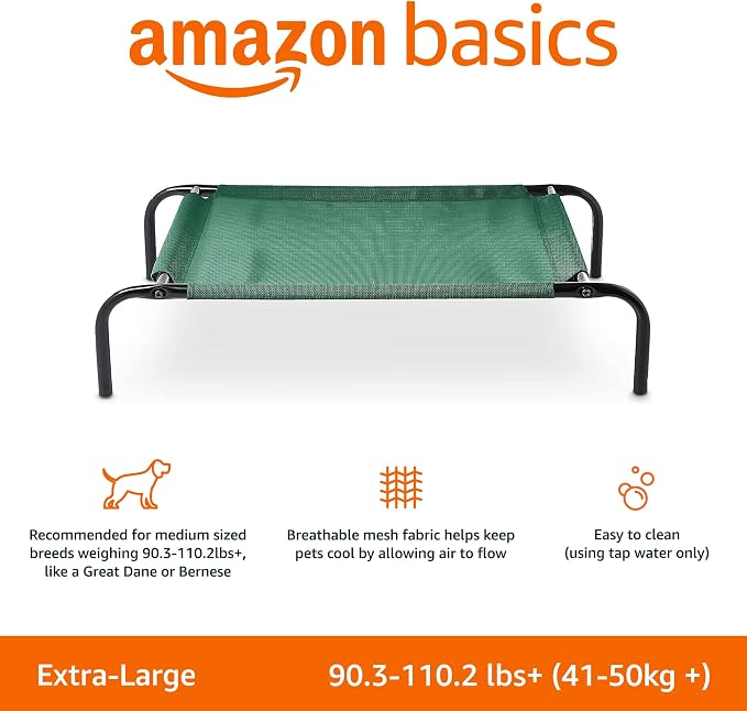 Amazon Basics Cooling Breathable Elevated Dog Bed with Durable Metal Frame for Large Dogs, X-Large, 60 x 37 x 9 Inch, Green, Easy to Clean