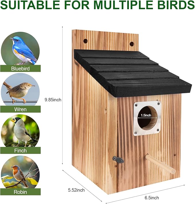 4-Piece Outdoor Bird House Set, Bird Houses for Outside with Metal Guards, Safety Locks, Flight Slots, & Ventilation, Bluebird Houses with 1-1/2" Entrance for Bluebirds, Wrens, Finches-Black