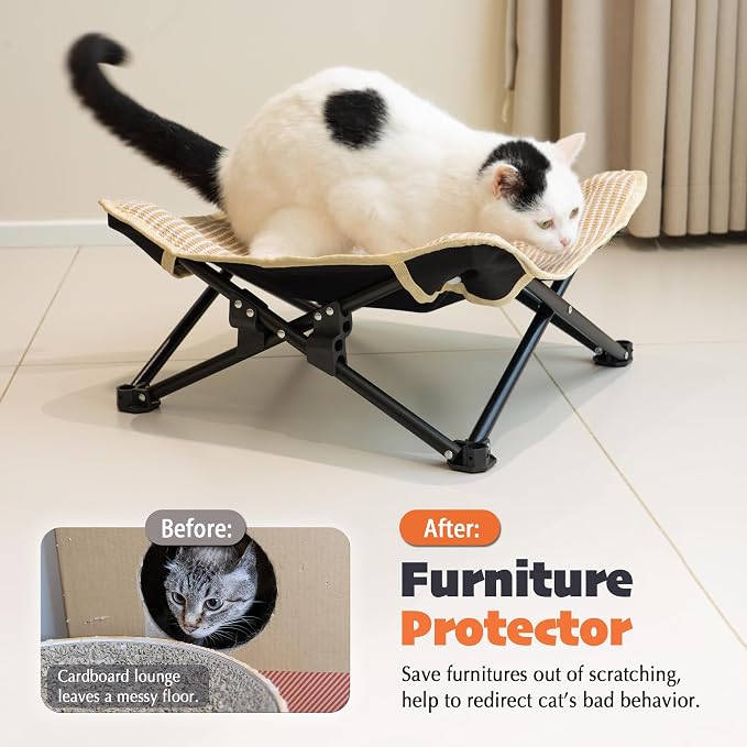 PETKARAY Foldable Cat Hammock Bed, Elevated Sisal Scratching Lounge with Metal Frame, Raised Cat Hammock Chair for Indoor Cats