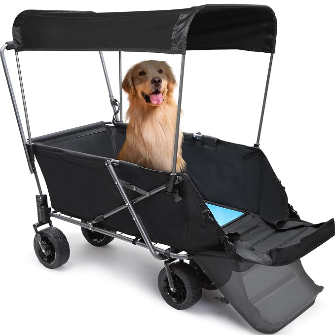 REDCAMP Folding Dog Wagon with Canopy, 150lbs Dog Stroller with 6 Wheels | Collapsible Utility Cart with 17.3" Extendable Ramp for 2 Medium Dogs Large Dog, All-Terrain Wheels with Brake for Senior Pet