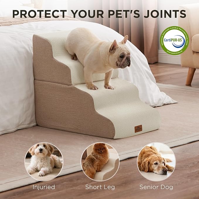 Joydeco Dog Stairs for Bed 22.8" H, 4-Step Pet Steps for Small Dogs and Cats, Dog Steps for High Bed, Non-Slip Balanced Ramp Indoor Pet Stairs, Beige