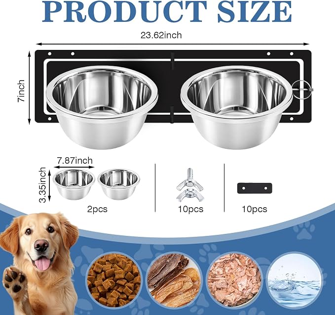 LemonRoad 2 Pcs 57oz Stainless Steel Dog Kennel Swivel Feeder Bowls with Swivel Gate Mountable Dog Feeding Station(23.6" X7") for Large Medium Dogs Feeding Cages Crate Outdoor Kennel