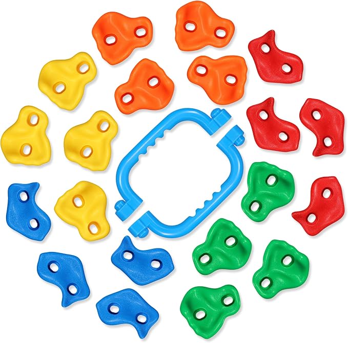 TOPNEW 20PCS Rock Climbing Holds with 2 Safety Handles, Non-Slip Kids Climbing Grips, Indoor Outdoor Climbing Wall Kit with Complete Mounting Hardware, Ideal Gift for Playground & Home