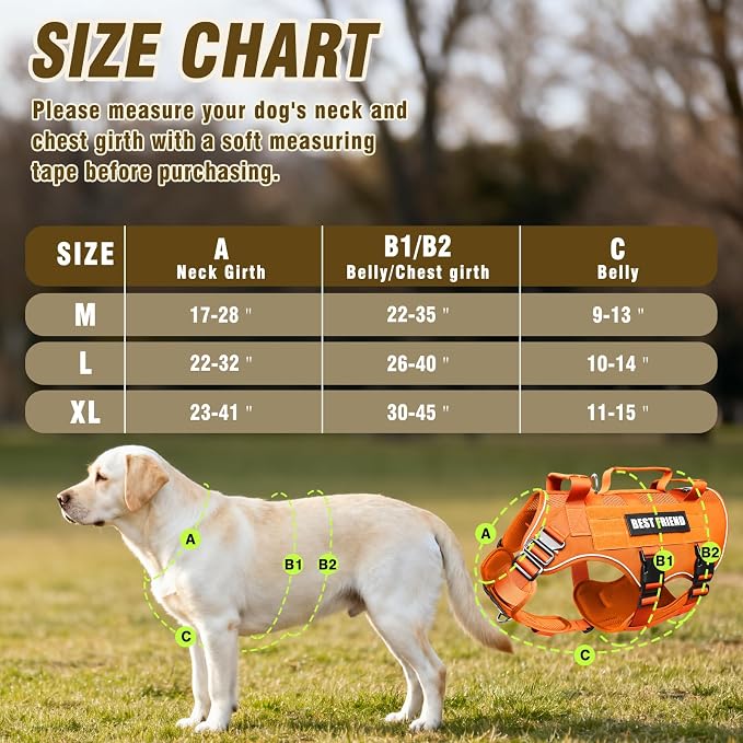 Air Mesh Tactical Dog Harness with Metal Buckles&MOLLE,Orange Large | Breathable Adjustable No Pull Service Dog Vest with 3 Padded Handles,Military Dog Harness for Training Hiking Hunting Working