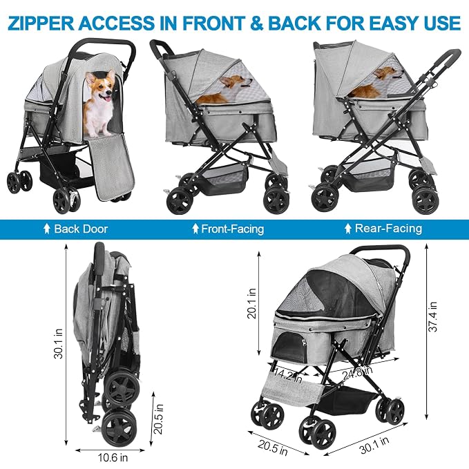 Lightweight Dog Stroller with Reversible Handle for Medium Small Dogs and Cats, Foldable Pet Stroller Travel Carriage with Large Storage Basket, 4 Wheels, Linen Gray