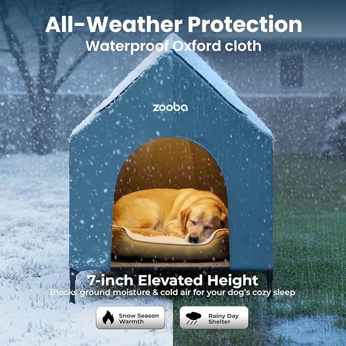 Zooba 48in XL Dog House Outdoor, Elevated Dog Bed with Canopy, Blue | Weather-resistant 600D PVC canopy, breathable 2x1 Textilene elevated bed, steel frame; indoor or outdoor; easy to clean