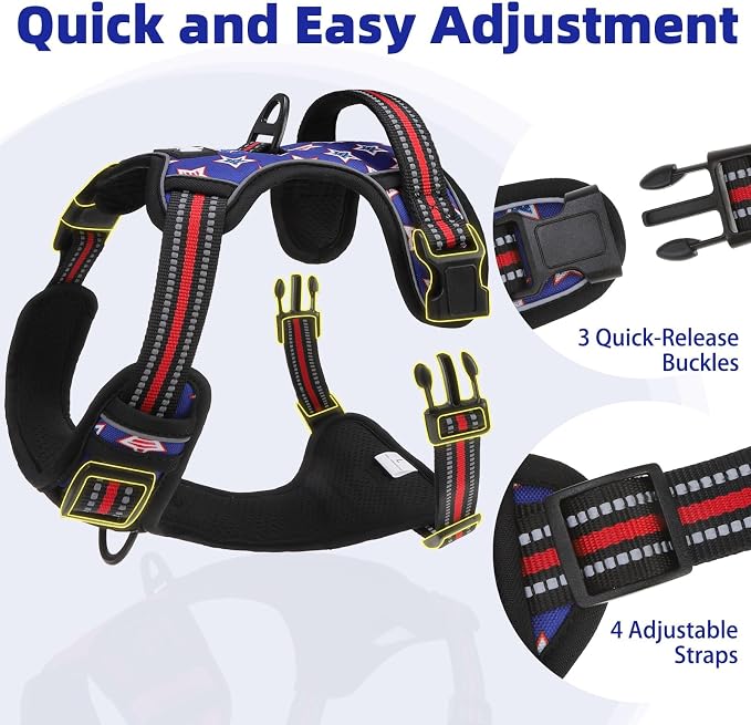PUPTECK No Pull Tactical Dog Harness for Large, Adjustable Reflective Dog Harness with Handle Easy Control, Comfortable Soft Padded Pet Vest Harness for Large Dogs, Blue Stars L