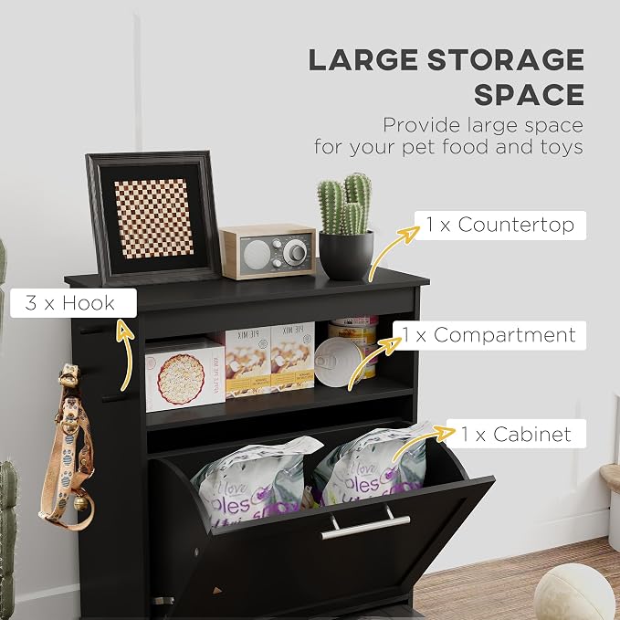 PawHut Dog Feeding Station with Raised Bowls, Pet Feeder Station, Black | Dog Food Storage Cabinet, Hanger for Feeding & Watering Supplies