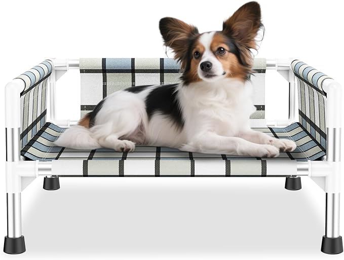 Elevated Dog Bed with with Guardrail, Raised 3-Fence Dog Hammock Bed | Breathable Lifted Stainless Steel Frame Dog Bed for Small Pets, Cooling Washable Dog Cot