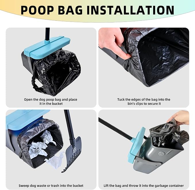 46" Pooper Scooper Swivel Bin & Rake for Large Small Dogs with Bag Attachment, Long Handle Poop Scooper with Lid for Yard (Blue)