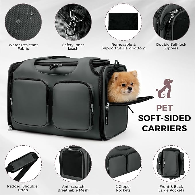 Dog, Cat Carrier for Pets Up to 12 Lbs, Airline Approved Collapsible Soft-Sided Pet Travel Bag with Locking Zippers, Breathable Mesh and 4 Large Pockets, Removable Fleece Pad (Dark Grey)