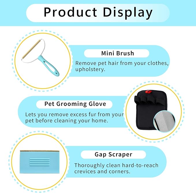 Lazyfeel Pet Hair Remover for Carpet & Upholstery, Adjustable Handle | Double-Sided Rubber Carpet Rake for Dog & Cat Fur. 4-Piece Kit: Rake, Mini Brush, Gap Scraper, Grooming Glove. Reusable.
