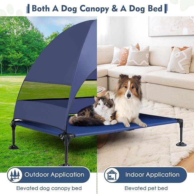 Elevated Outdoor Dog Bed with Canopy Raised Dog Cot with Shade Large Dog | Outdoor Dog Bed with Removable Wider Shade & Stable Anti-Slip Feet for Camping Raised Dogs Cot for Large Pets,Navy Blue