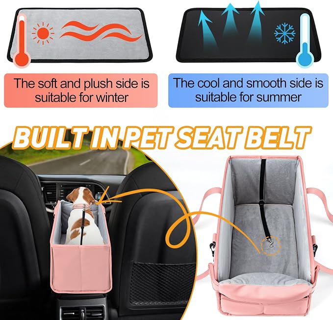Portable Dog Car Seat for Small Dogs, Puppy Car Seat, Pink | Booster Seat With Safety Leash & Adjustable Straps Keeps Small Dogs Secure. Removable Washable Cushion. Fits Most Cars.