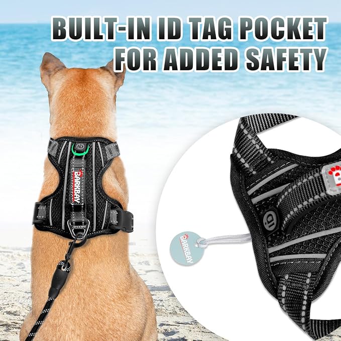 BARKBAY No Pull Dog Harness Large Reflective Dog Harness with Front Clip and Easy Control Handle for Walking Training Running with ID tag Pocket(Black,L)