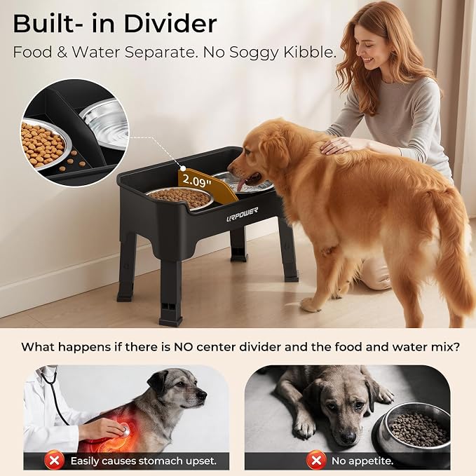 URPOWER Mess Proof Elevated Dog Bowls, Splash Guard Raised Bowl Stand | 4 Adjustable Heights, 2 Stainless Steel Bowls, Food & Water Separation, Foldable Design Non-Slip for Small Medium Large Dogs