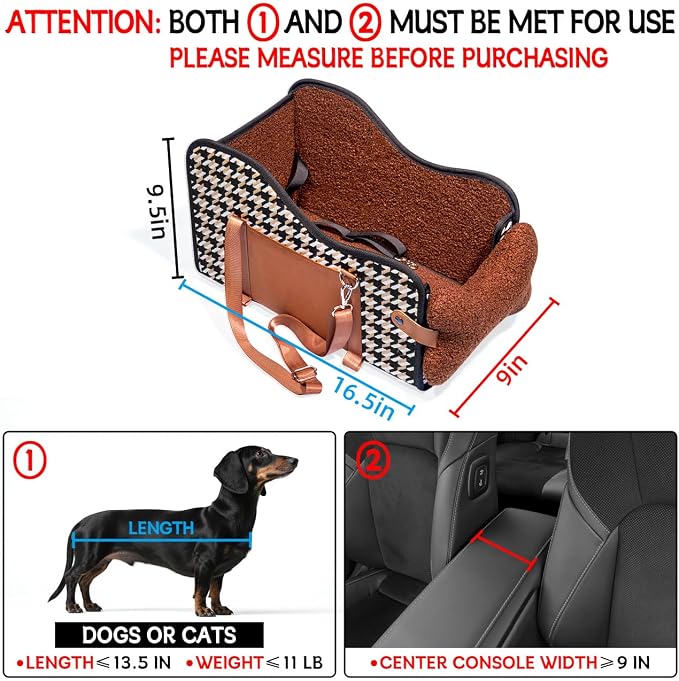 TKYZ Center Console Dog Car Seat for Small Dogs,for Car/SUV/Small Truck | Soft Pillow,Double fixation,Scratch-Resistant Fabric,Pet Booster with Safety Belt,Puppy Car Seat for Small Dogs 0-11 lbs