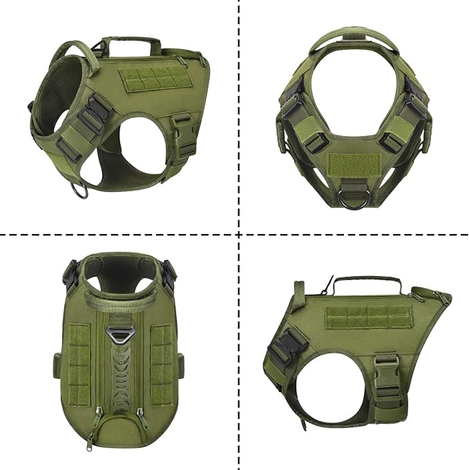 Tactical Dog Backpack Harness for Large Breed Original Design Metal Buckle Vest with Side Bags Pouches for Service Working Training (Green (with 2 Pouches), M)
