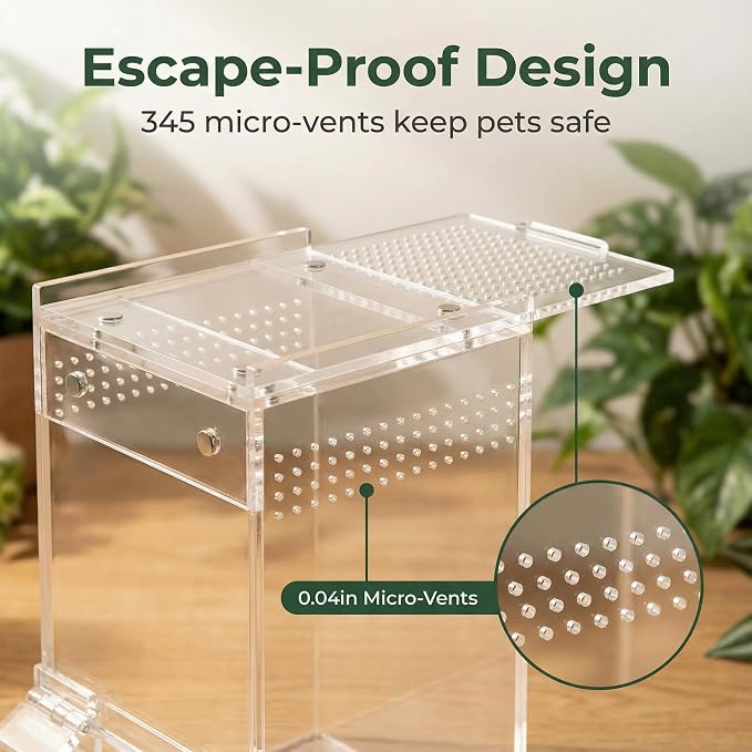 Jumping Spider Enclosure - 3x3x6 Acrylic Tarantula Enclosure Reptile Habitat with Front & Top Magnetic Doors, 0.04" Ventilation Holes Pre-Assembled Terrarium for Spiders, Mantis, Snails, Lizards