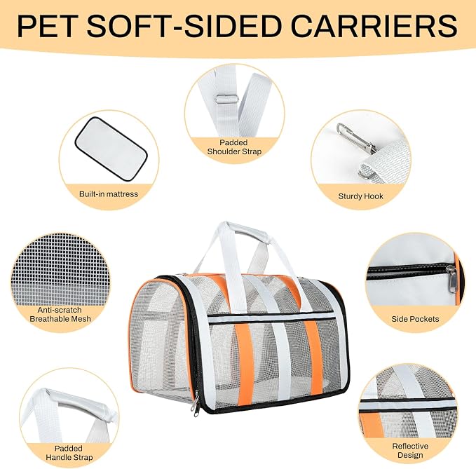 Soft Sided Pet Carrier, Airline Approved Dog Cat Travel Bag with Mesh Windows, Collapsible Portable Pet Carrier for Small Medium Dogs Cats (Orange)