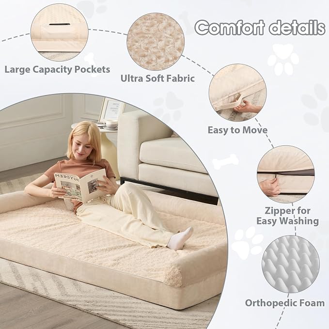 BFPETHOME Orthopedic Washable Human Dog Bed for Adult & Dog Cozy Sleep | Human Size Waterproof Big Soft Pet Couch Bed for Adult & Dogs Relax with Removable Cover Supportive Foam Beige 71x46 Inch